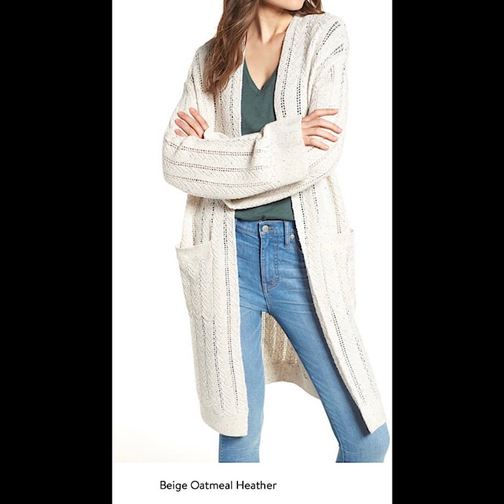NWT HINGE Long Tweed Herringbone Stitch Cardigan-Size S/M-Beige Oatmeal Heather